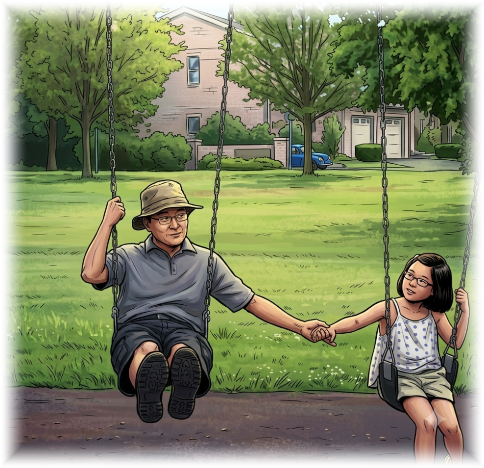 Cartoon-style illustration of a man in a bucket hat and a young child sitting side by side on playground swings in a grassy backyard, holding hands and smiling at each other.
