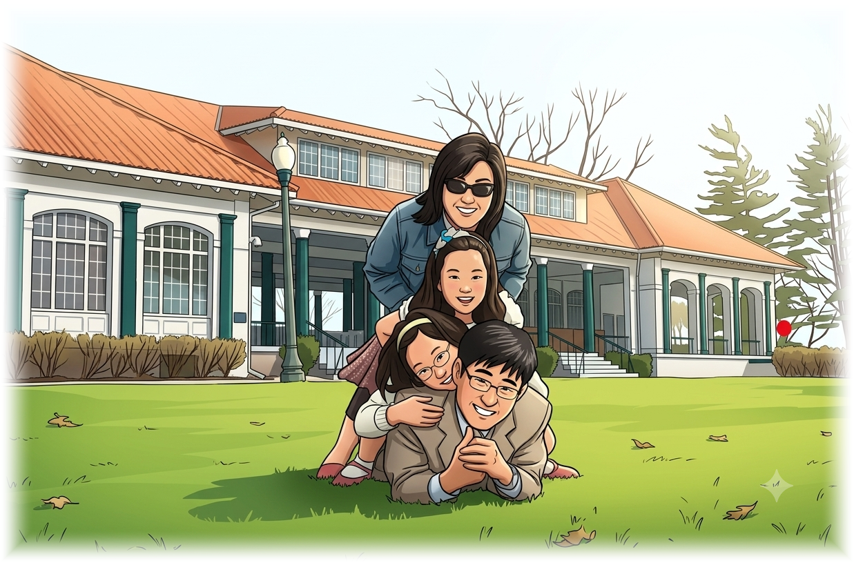 Illustration of a smiling family piled together on the grass in front of a house, representing family-centered social work support.